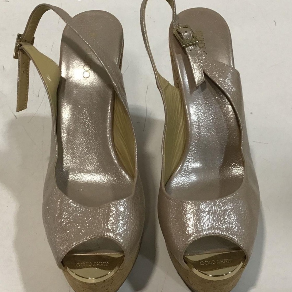 Women’s Jimmy Choo Metallic Cork Wedge Platform Peep Toe Sling Back Size 39.5